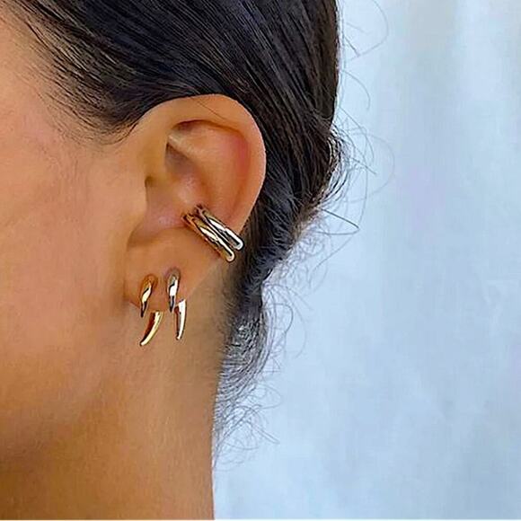 Silver Spiked Horn Earrings Ear Jacket Front Back Spike Minimalist Punk Gothic - Picture 5 of 8